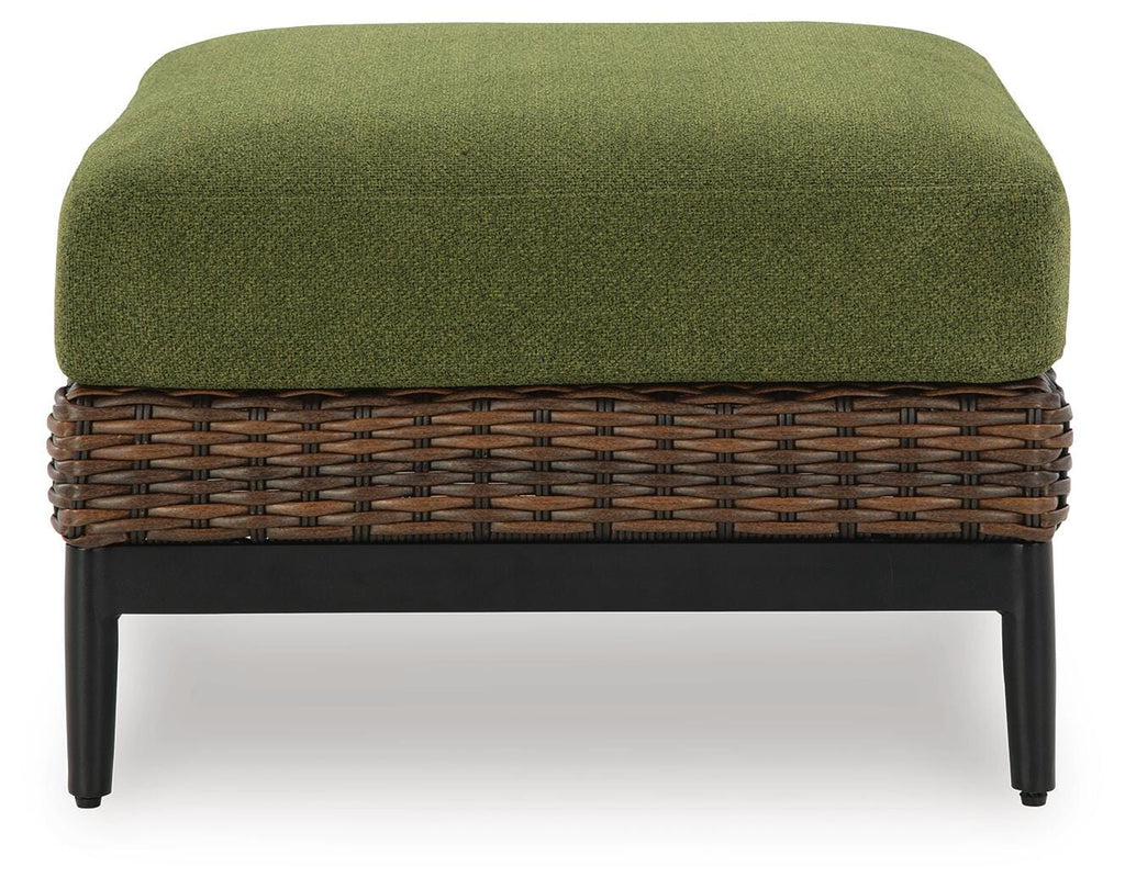 Horizon Hall Outdoor Ottoman with Cushion in Brown/Green, front view