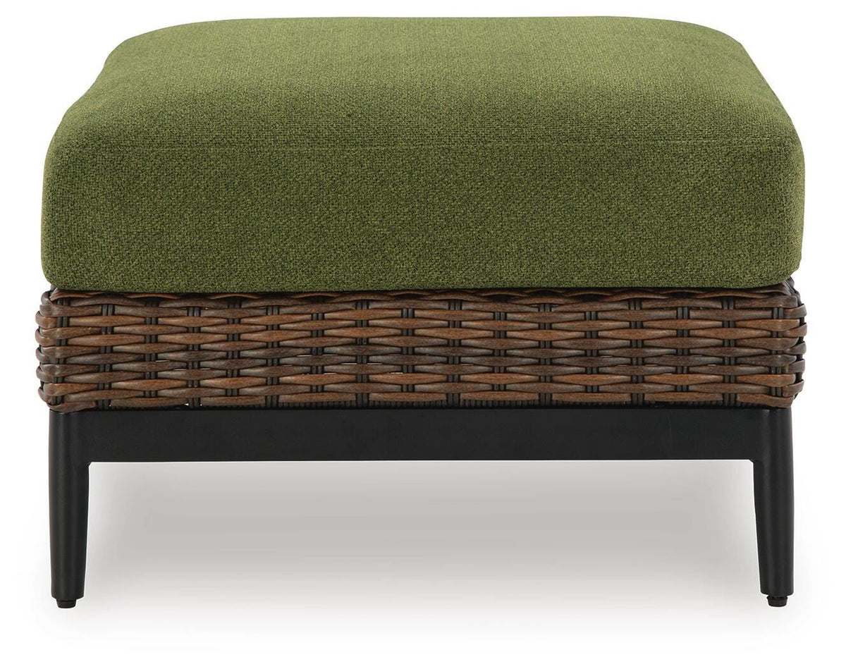 Horizon Hall Outdoor Ottoman with Cushion in Brown/Green, front view