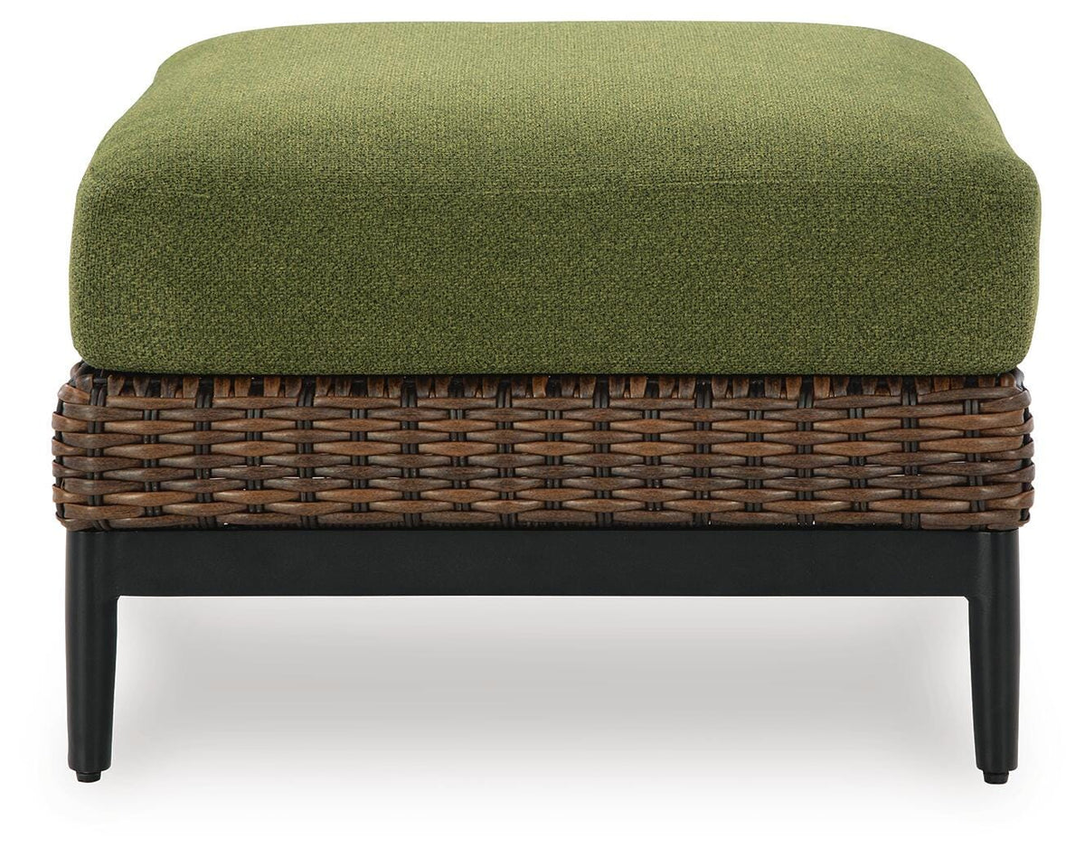 Horizon Hall Outdoor Ottoman with Cushion in Brown/Green, side view