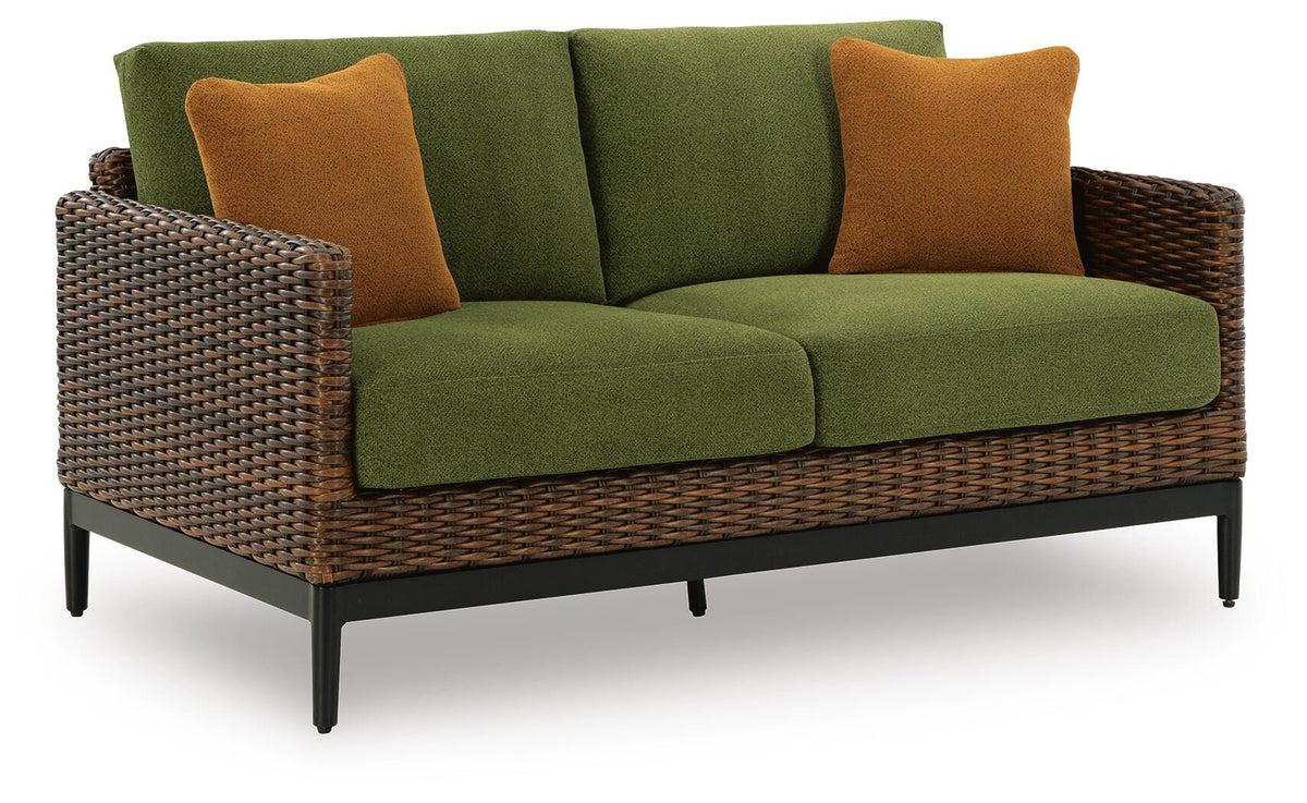 Horizon Hall Outdoor Loveseat with Cushion in Brown/Green, angle view