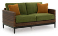 Horizon Hall Outdoor Loveseat with Cushion in Brown/Green, angle view