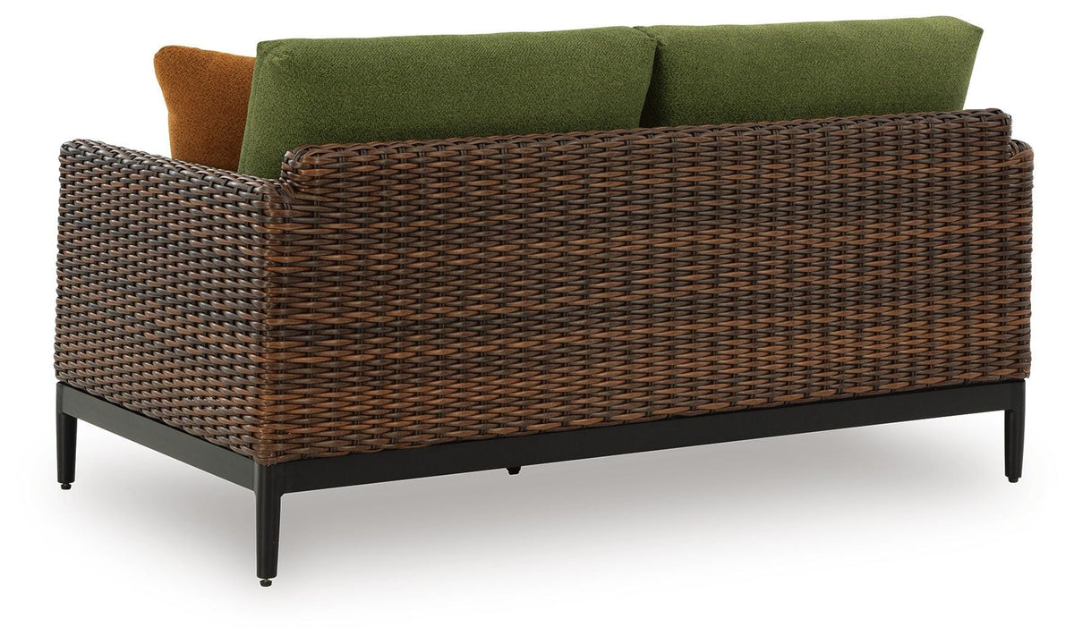 Horizon Hall Outdoor Loveseat with Cushion in Brown/Green, back view