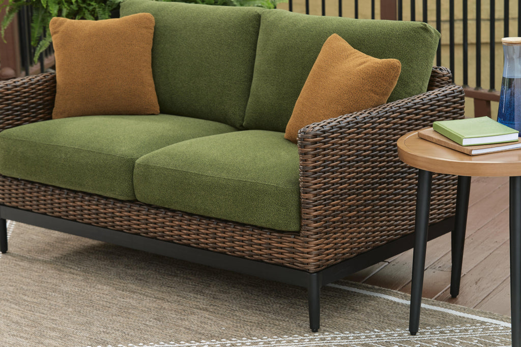 Horizon Hall Outdoor Loveseat with Cushion in Brown/Green, detail view