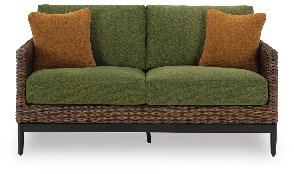 Horizon Hall Outdoor Loveseat with Cushion in Brown/Green, front view