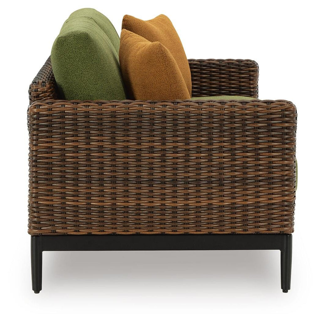 Horizon Hall Outdoor Loveseat with Cushion in Brown/Green, side view