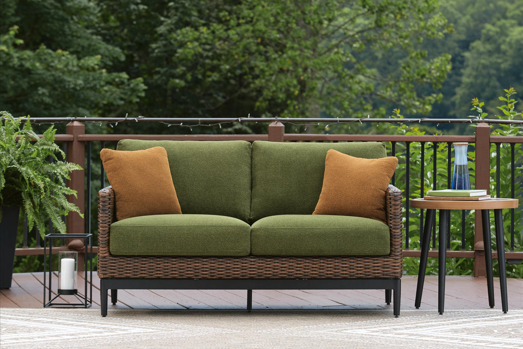Horizon Hall Outdoor Loveseat with Cushion in Brown/Green, alternate view 3