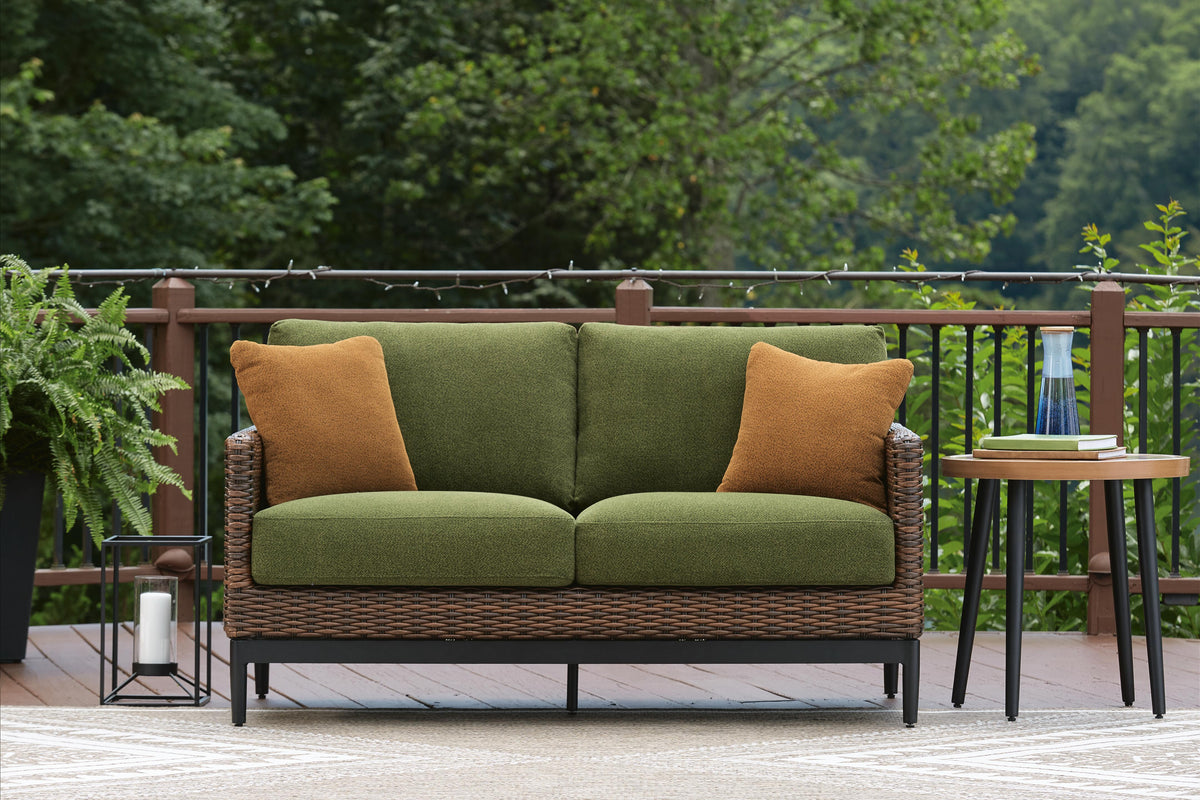 Horizon Hall Outdoor Loveseat with Cushion in Brown/Green, alternate view 3