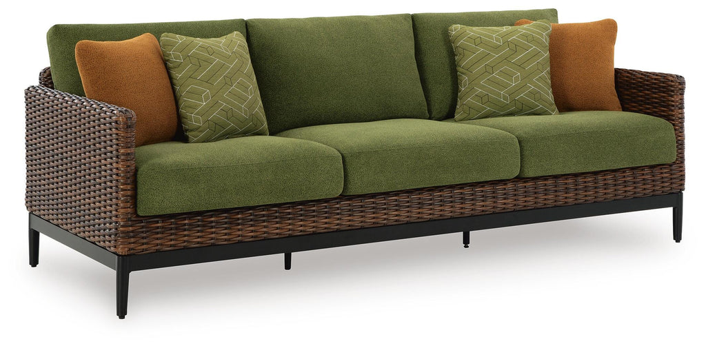 Horizon Hall Outdoor Sofa with Cushion in Brown/Green, angle view