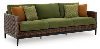 Horizon Hall Outdoor Sofa with Cushion in Brown/Green, angle view