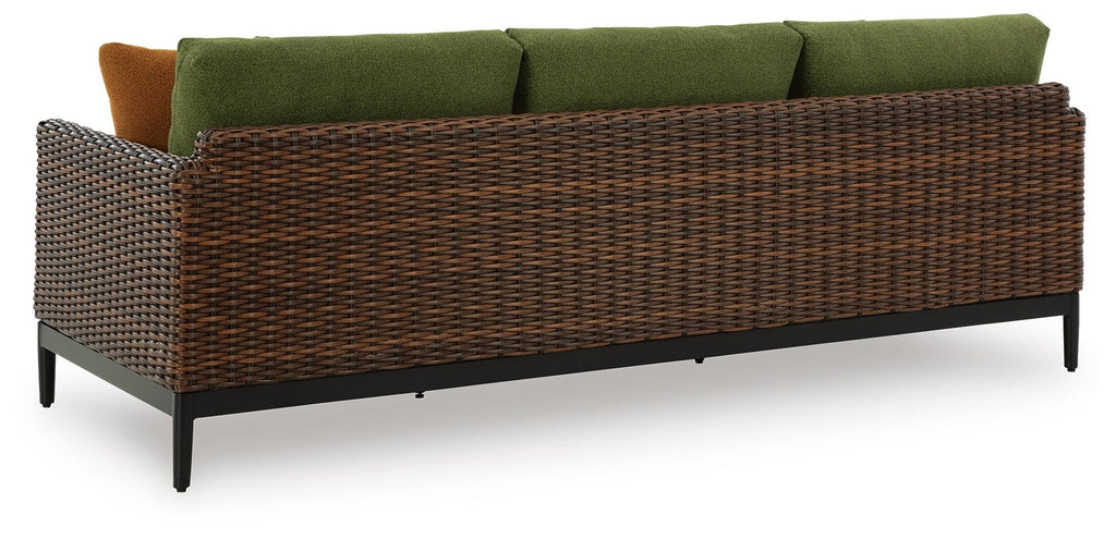 Horizon Hall Outdoor Sofa with Cushion in Brown/Green, back view