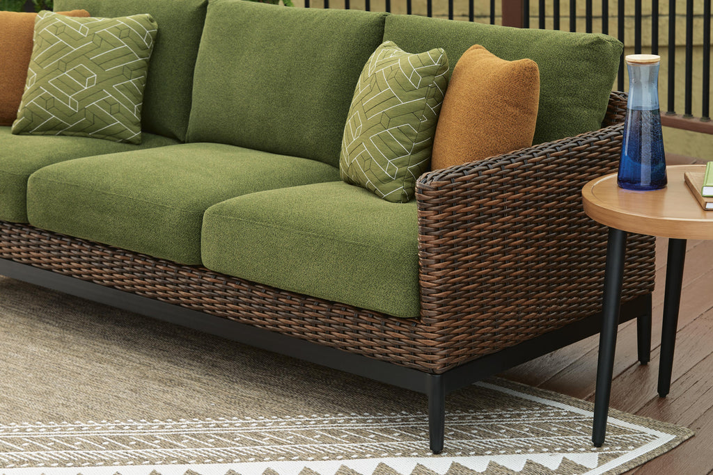 Horizon Hall Outdoor Sofa with Cushion in Brown/Green, detail view