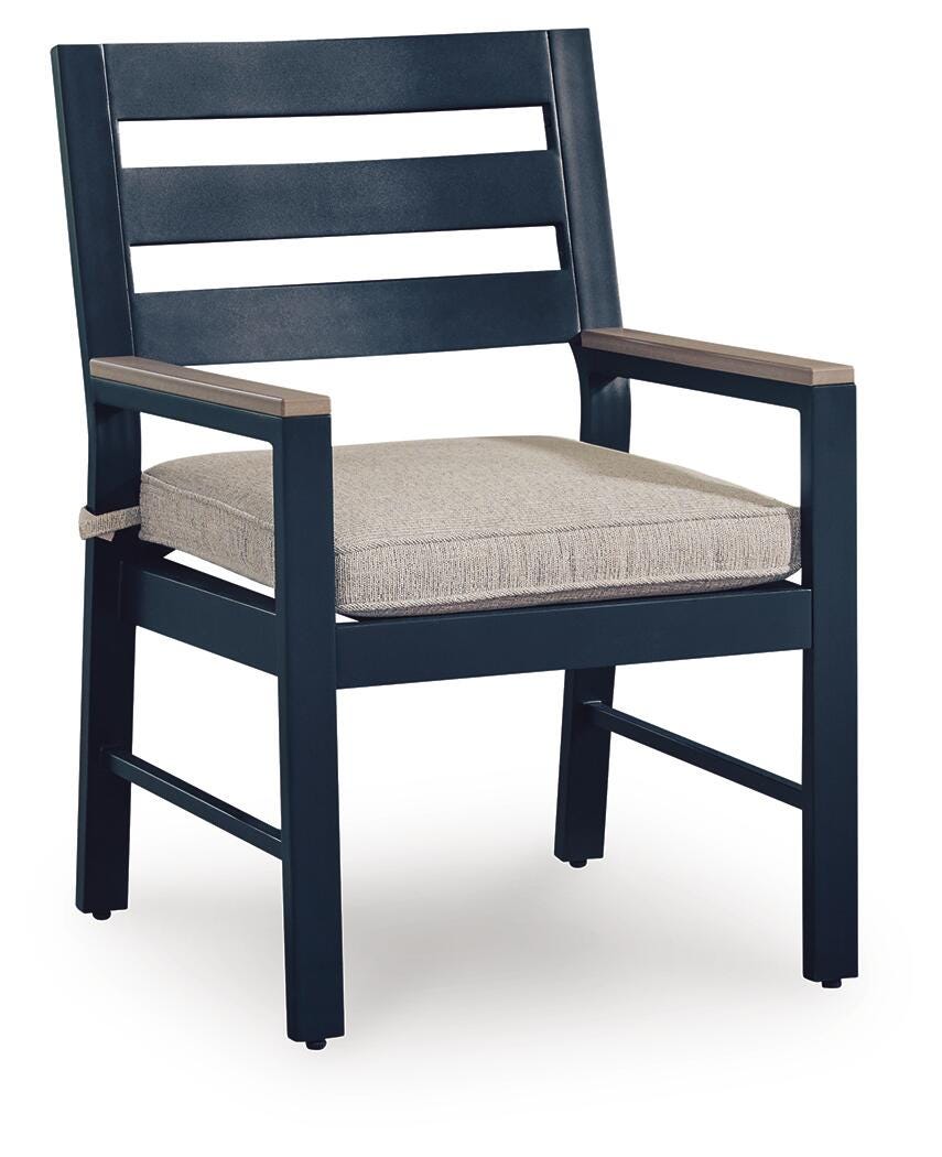East Beach Outdoor Arm Chair with Cushion (Set of 2) in Navy Blue/Driftwood, angle view