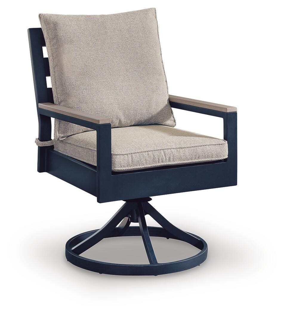 East Beach Outdoor Swivel Chair with Cushion (Set of 2) in Navy Blue/Driftwood, angle view