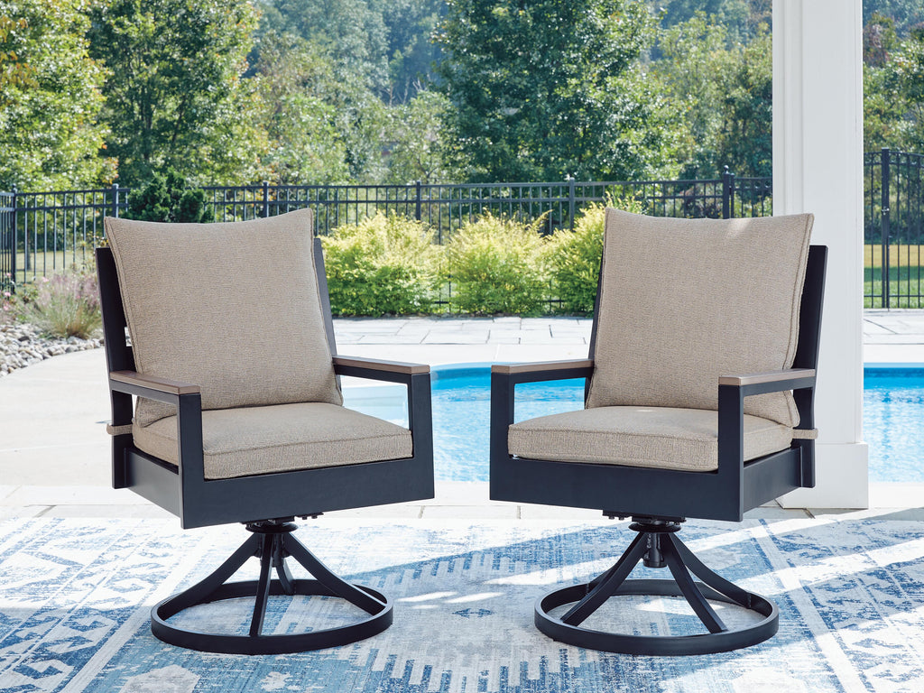 East Beach Outdoor Swivel Chair with Cushion (Set of 2) in Navy Blue/Driftwood, lifestyle view