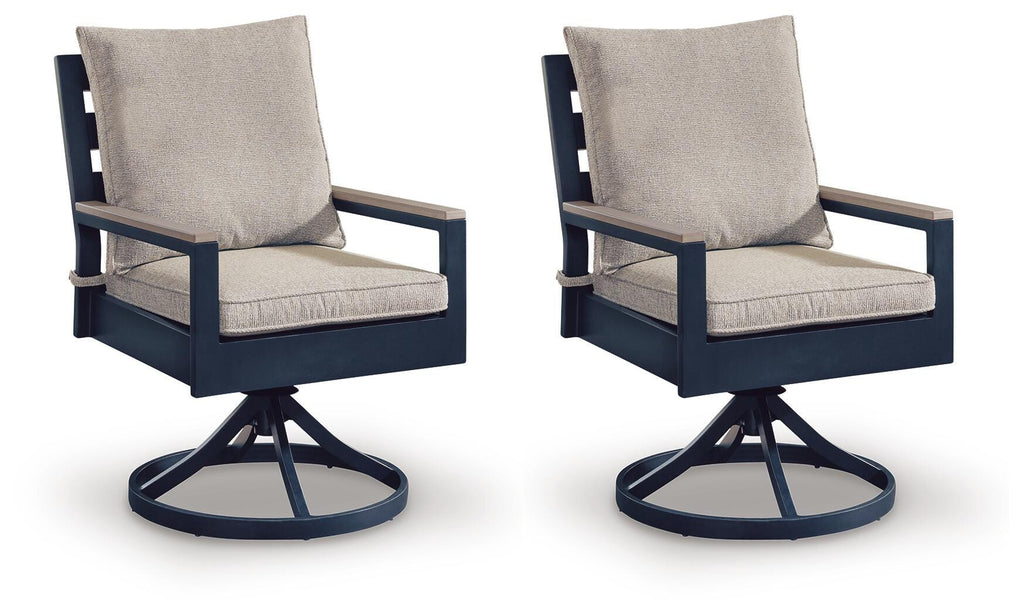 East Beach Outdoor Swivel Chair with Cushion (Set of 2) in Navy Blue/Driftwood, angle view