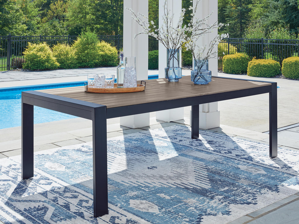 East Beach Outdoor Dining Table in Navy Blue/Driftwood, lifestyle view
