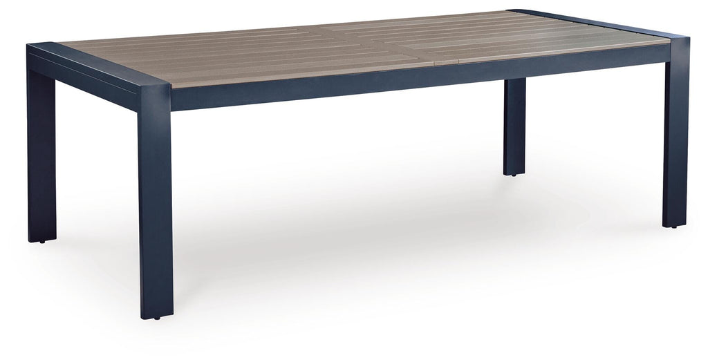 East Beach Outdoor Dining Table in Navy Blue/Driftwood, angle view
