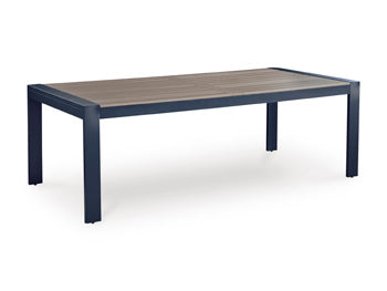 East Beach Outdoor Dining Table in Navy Blue/Driftwood, angle view