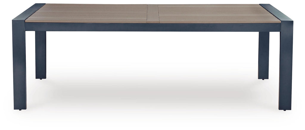 East Beach Outdoor Dining Table in Navy Blue/Driftwood, front view