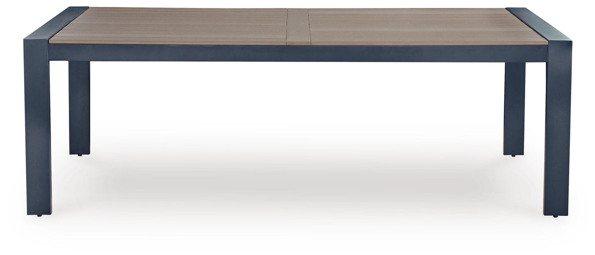 East Beach Outdoor Dining Table in Navy Blue/Driftwood, front view