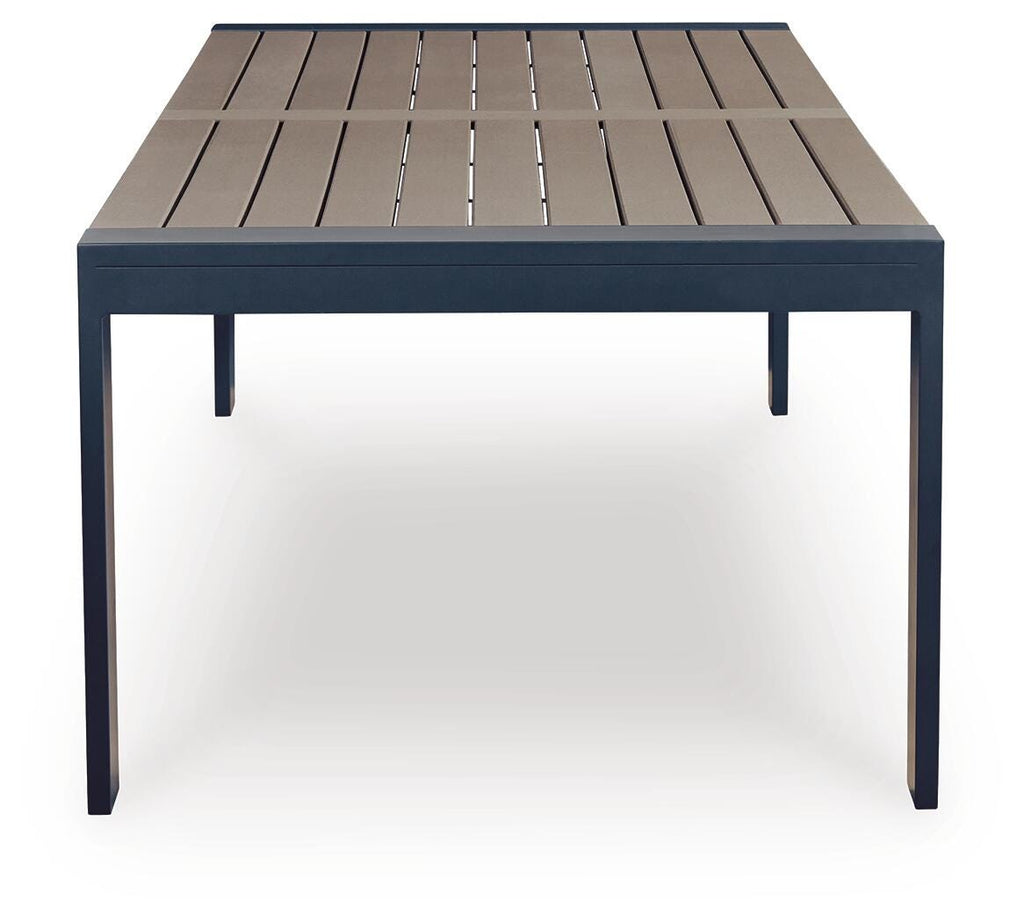 East Beach Outdoor Dining Table in Navy Blue/Driftwood, side view