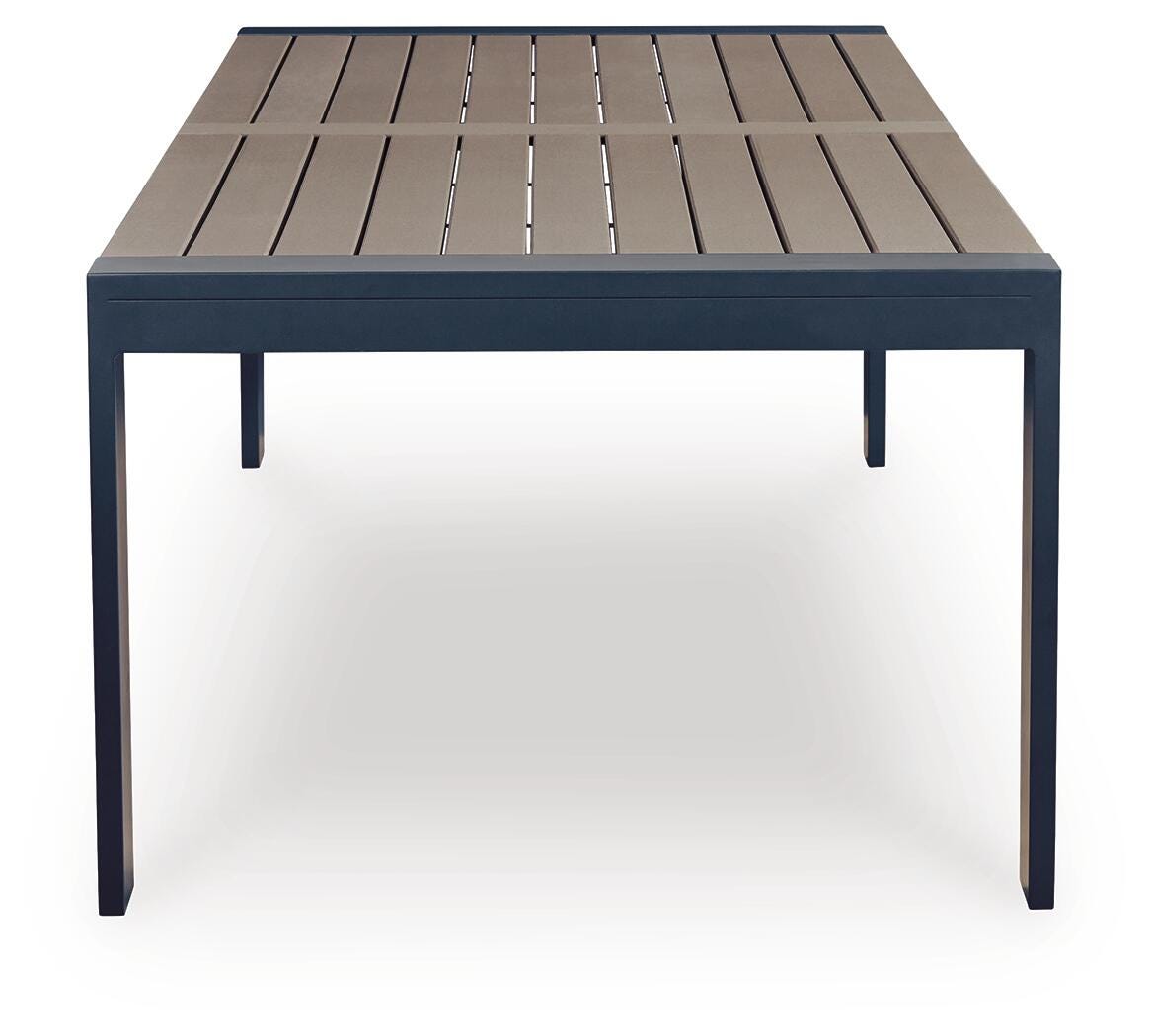 East Beach Outdoor Dining Table in Navy Blue/Driftwood, side view