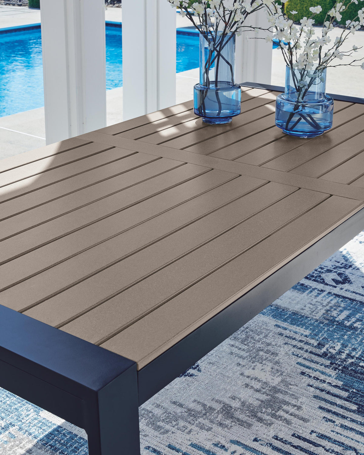 East Beach Outdoor Dining Table in Navy Blue/Driftwood, top view