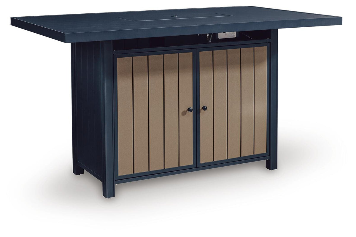 East Beach Outdoor Bar Table with Fire Pit in Navy Blue/Driftwood, closed view