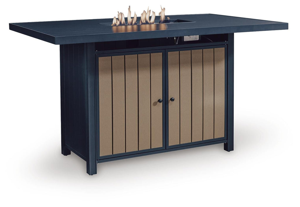East Beach Outdoor Bar Table with Fire Pit in Navy Blue/Driftwood, angle view
