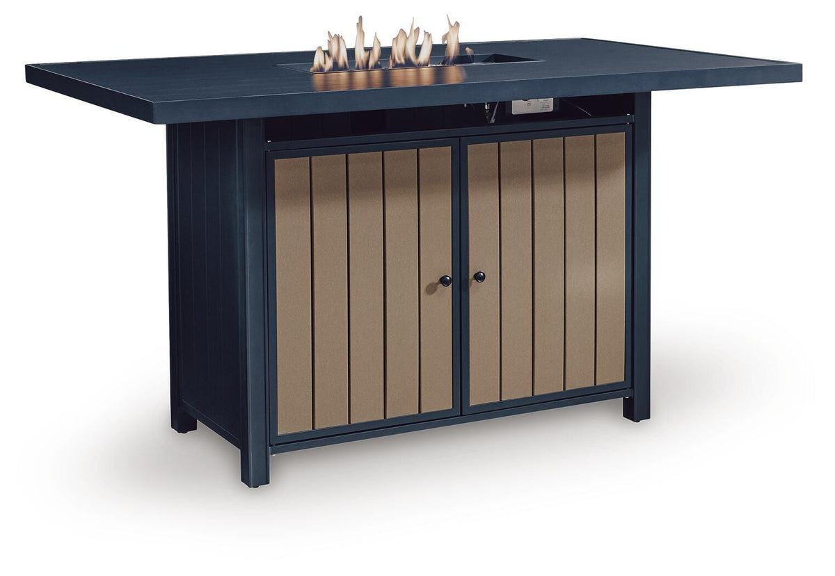 East Beach Outdoor Bar Table with Fire Pit in Navy Blue/Driftwood, angle view