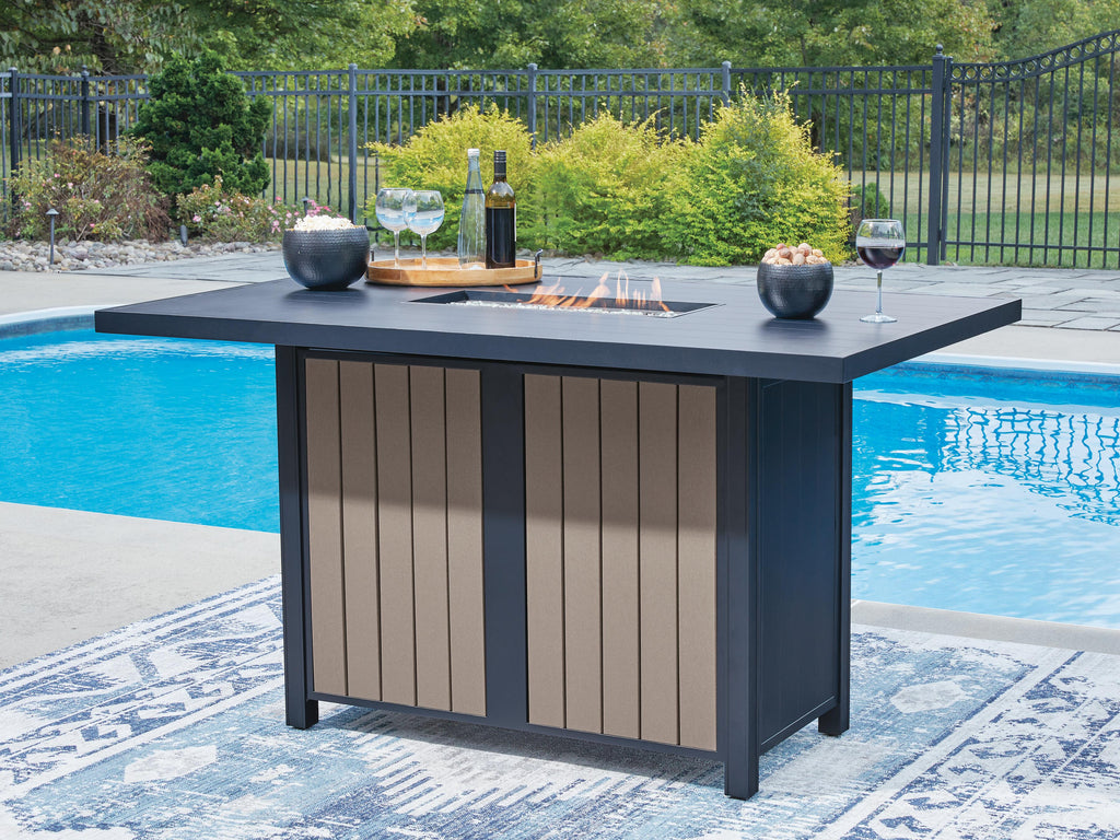 East Beach Outdoor Bar Table with Fire Pit in Navy Blue/Driftwood, lifestyle view