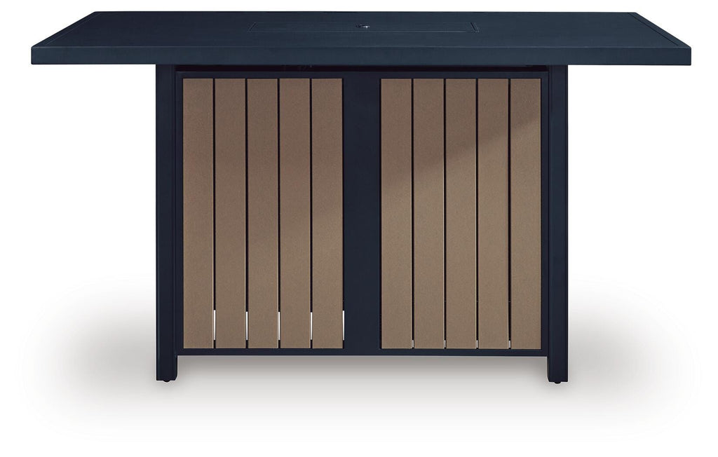 East Beach Outdoor Bar Table with Fire Pit in Navy Blue/Driftwood, front view