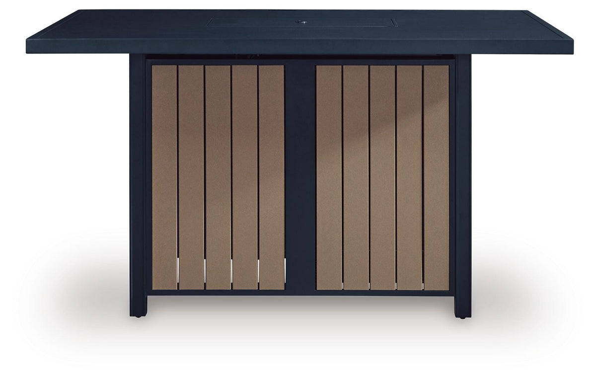 East Beach Outdoor Bar Table with Fire Pit in Navy Blue/Driftwood, front view