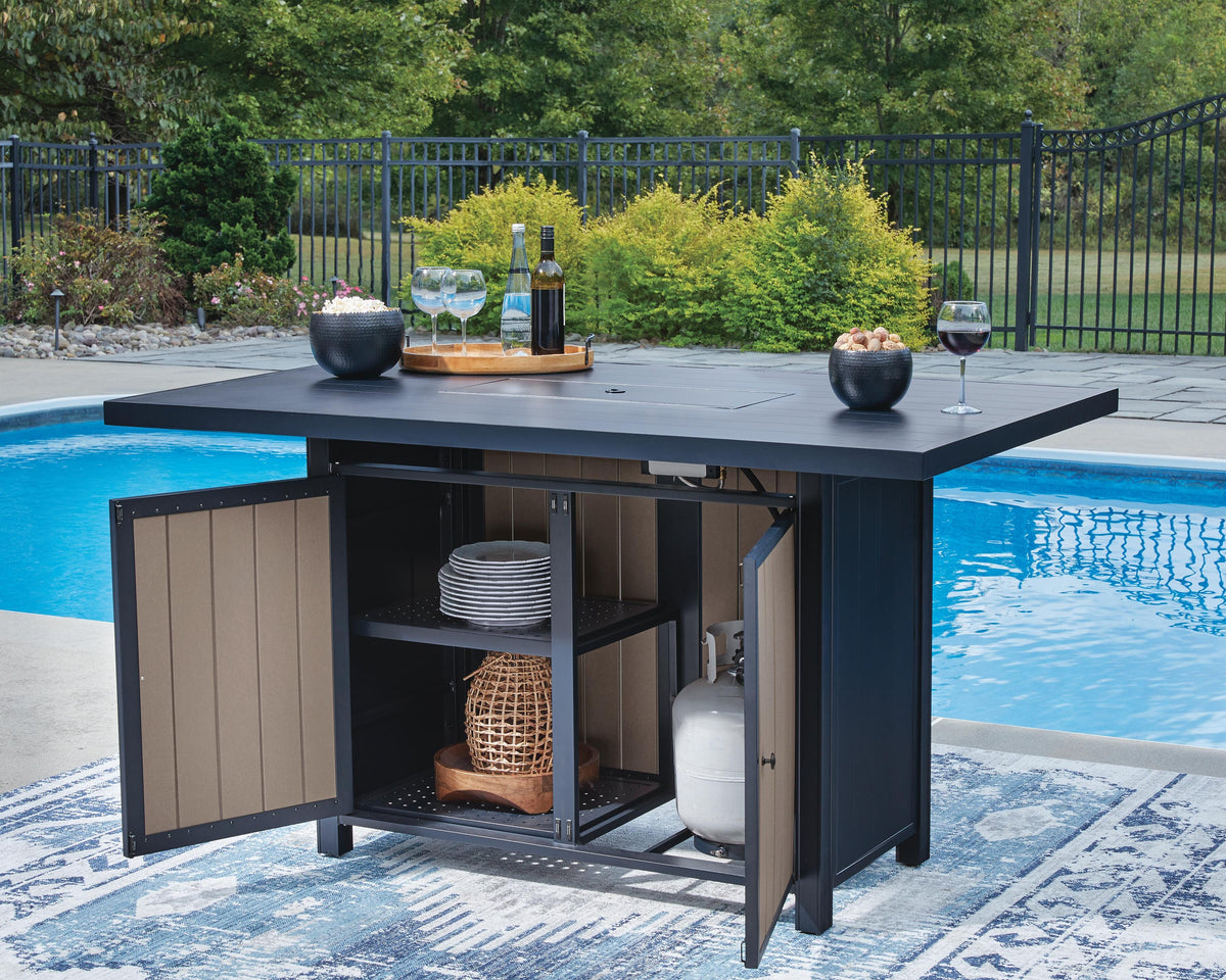 East Beach Outdoor Bar Table with Fire Pit in Navy Blue/Driftwood, detail view