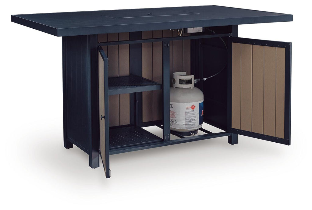 East Beach Outdoor Bar Table with Fire Pit in Navy Blue/Driftwood, open view