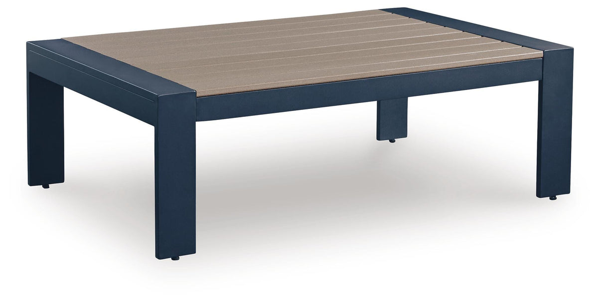 East Beach Outdoor Coffee Table in Navy Blue/Driftwood, angle view