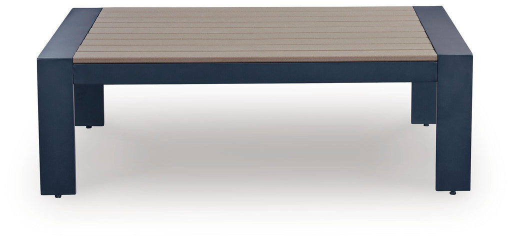 East Beach Outdoor Coffee Table in Navy Blue/Driftwood, front view