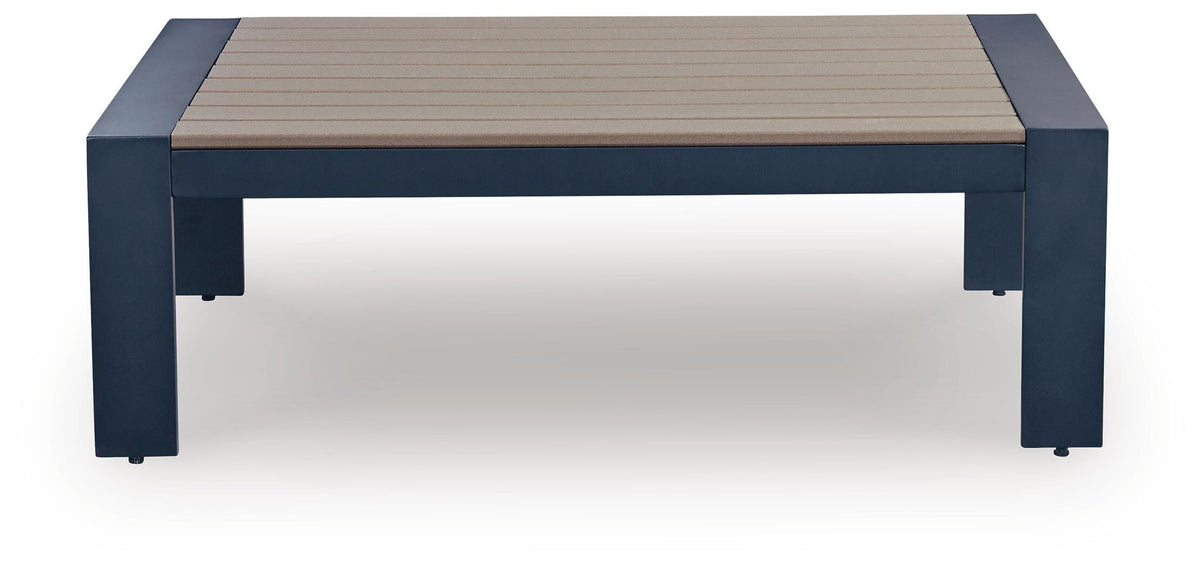 East Beach Outdoor Coffee Table in Navy Blue/Driftwood, front view