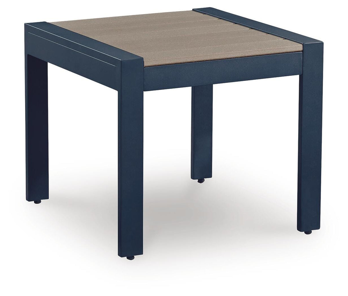 East Beach Outdoor End Table in Navy Blue/Driftwood, angle view
