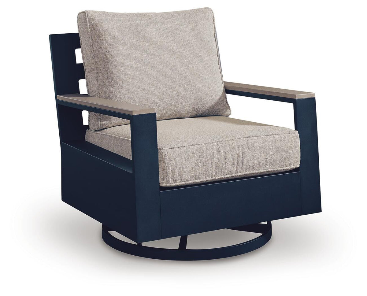 East Beach Outdoor Swivel Glider Chair with Cushion in Navy Blue/Driftwood, angle view