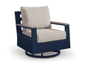 East Beach Outdoor Swivel Glider Chair with Cushion in Navy Blue/Driftwood, angle view
