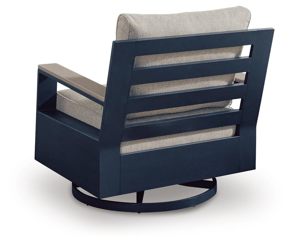 East Beach Outdoor Swivel Glider Chair with Cushion in Navy Blue/Driftwood, back view