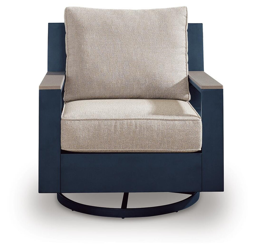East Beach Outdoor Swivel Glider Chair with Cushion in Navy Blue/Driftwood, front view