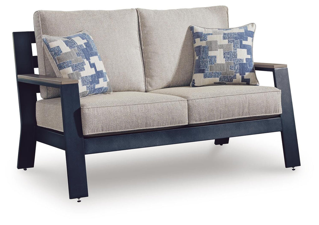 East Beach Outdoor Loveseat with Cushion in Navy Blue/Driftwood, angle view