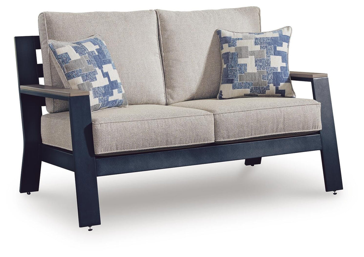 East Beach Outdoor Loveseat with Cushion in Navy Blue/Driftwood, angle view
