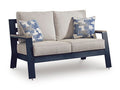 East Beach Outdoor Loveseat with Cushion in Navy Blue/Driftwood, angle view