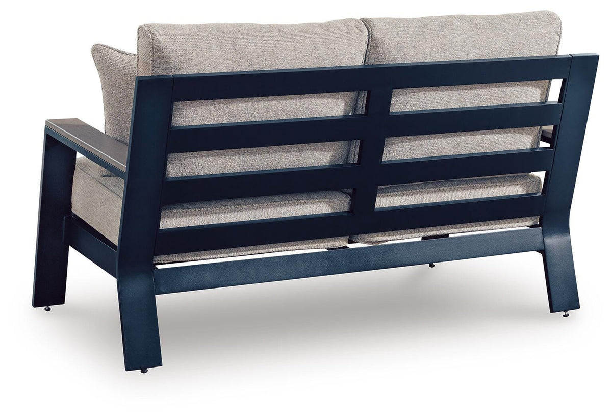 East Beach Outdoor Loveseat with Cushion in Navy Blue/Driftwood, back view