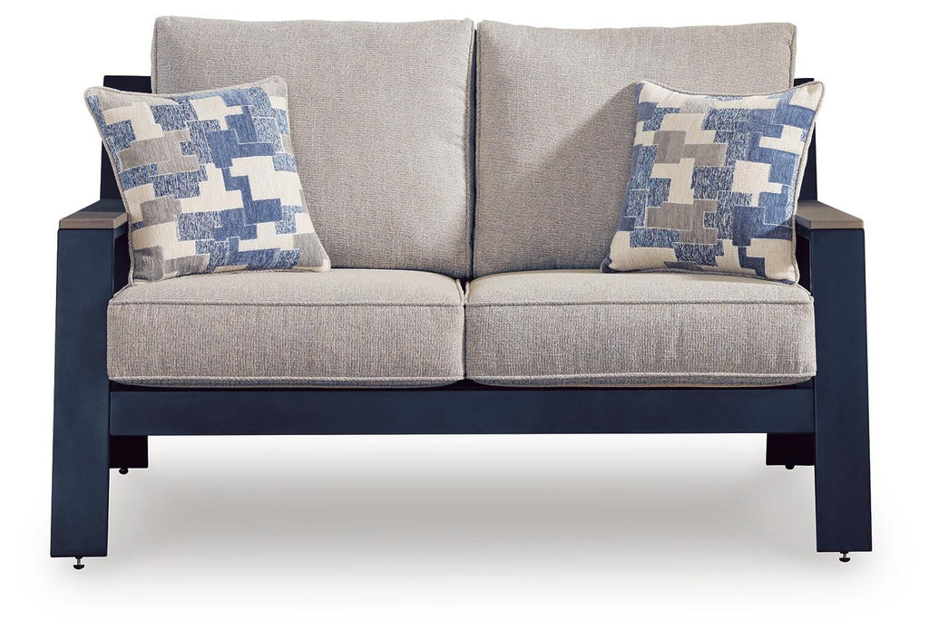 East Beach Outdoor Loveseat with Cushion in Navy Blue/Driftwood, front view