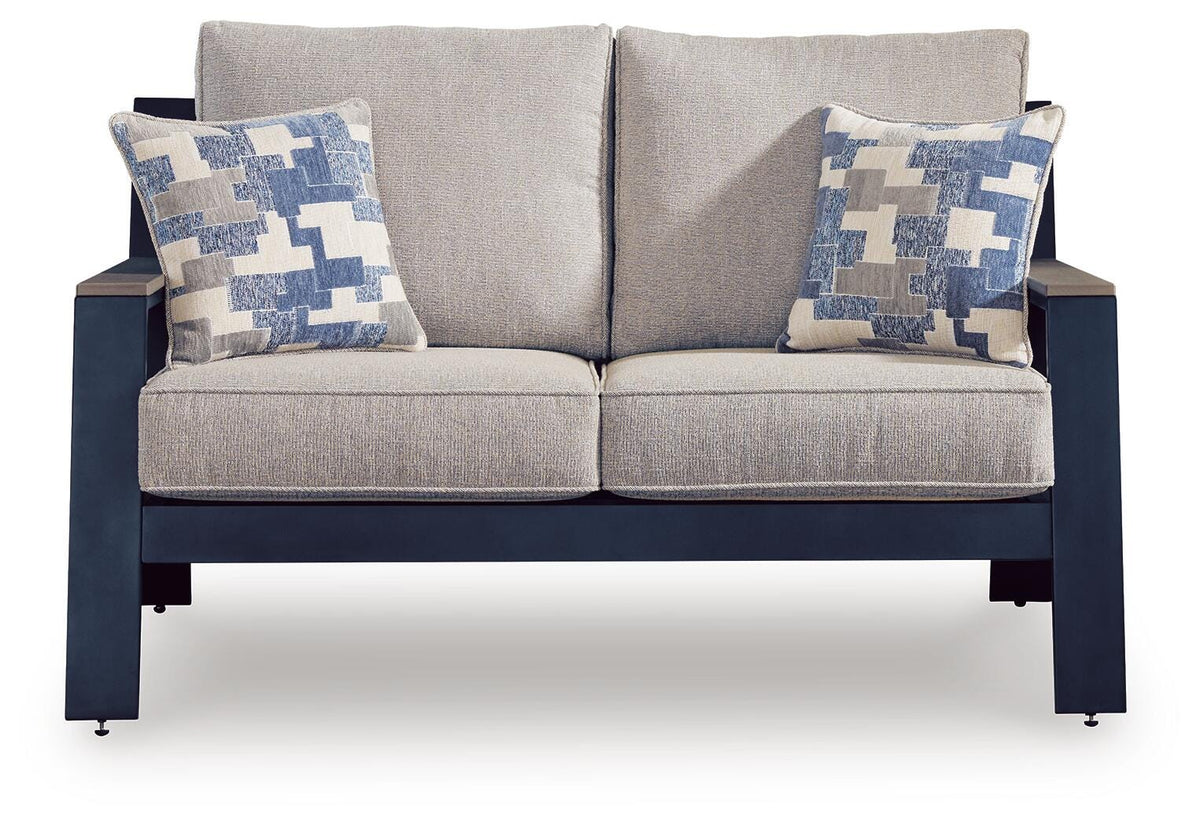 East Beach Outdoor Loveseat with Cushion in Navy Blue/Driftwood, front view