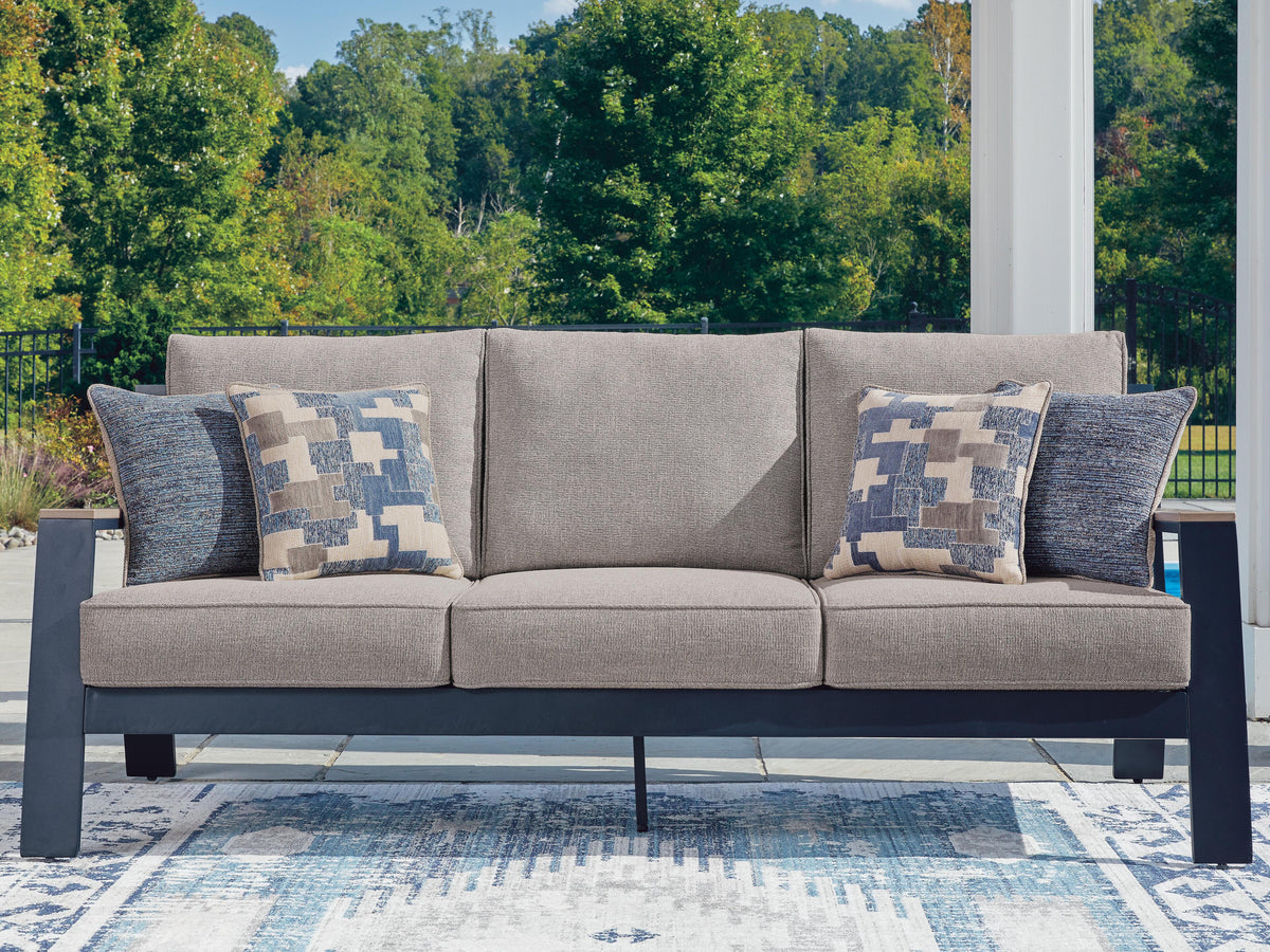 East Beach Outdoor Sofa with Cushion in Navy Blue/Driftwood, lifestyle view